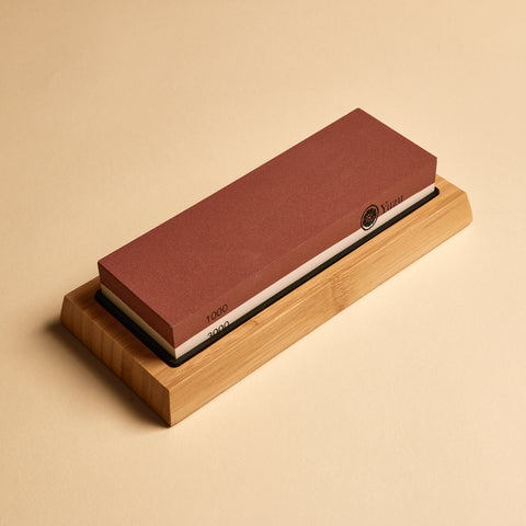 Yuzu Knives Japanese sharpening stone — dual-sided 1000/3000 grit whetstone on bamboo base